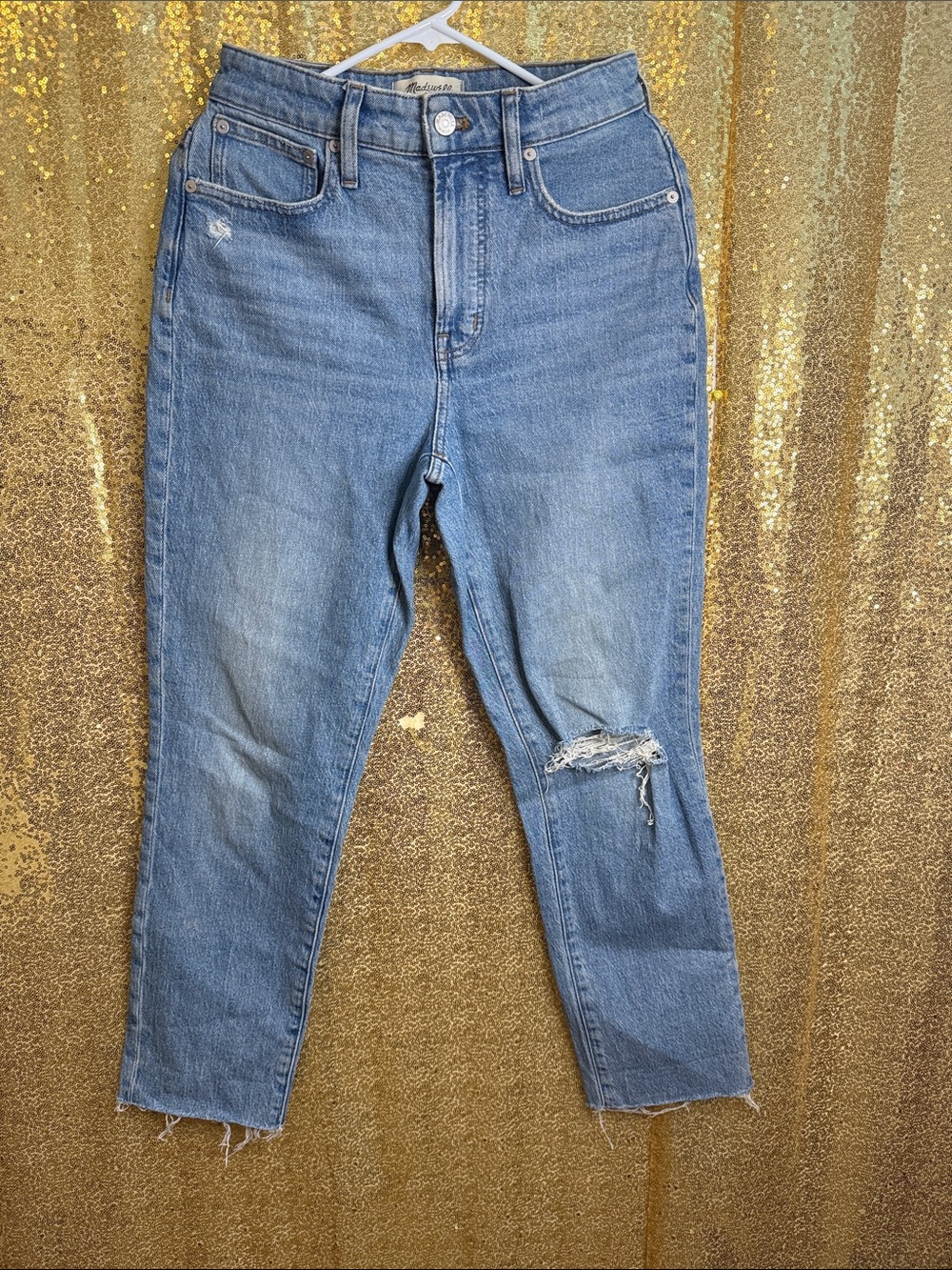 Madewell Light Blue High-Rise Cropped Jeans with Knee Rip